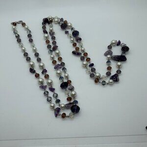 Amethyst Faux Pearl Necklace Crystal Beads Silver-tone 56 inches long